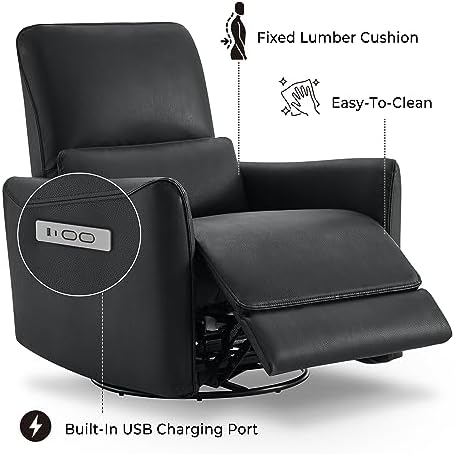 CHITA Power Recliner Chair Swivel Glider, FSC Certified Upholstered Faux Leather Living Room Nursery Reclining Sofa Chair with Lumbar Support, Black - 4