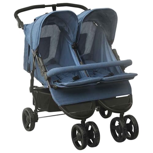 Cochecito doble de acero azul marino con respaldo ajustable y reposapiés plegable, con cesta y parachoques delantero, ideal para paseos y carreras con gemelos