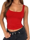ForeFair Women's Sleeveless Square Neck Tank Top Double Layer Basic Crop Tops Summer Fitness Workout Casual Tops(XS,Red)