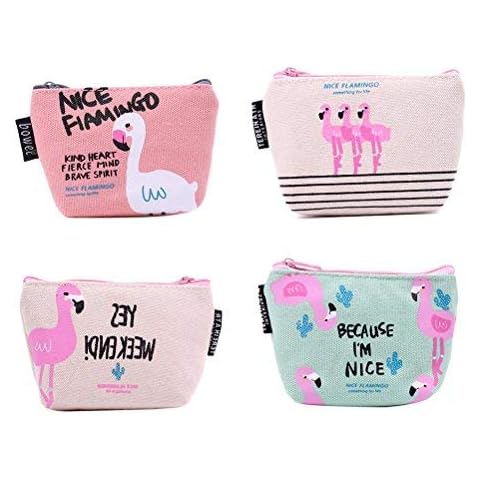 TOYMYTOY 4Pcs Leinwand Geldbörse mini Geldbeutel Cartoon Flamingo Damen Madchen Portemonnaie Reißverschluss Münzen Taschen Cover