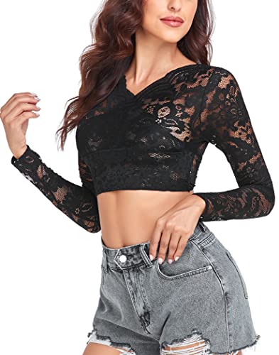 Tlgavqueen Sexy Floral Lace Long Sleeve Cross Top Mesh V Neck Shirt Blouse Black Xl #TOP2