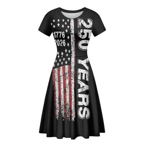 Image of POLERO Women Puffy Swing Elegant Party Midi Dresses Short Sleeve Round Neck A-Line Dress