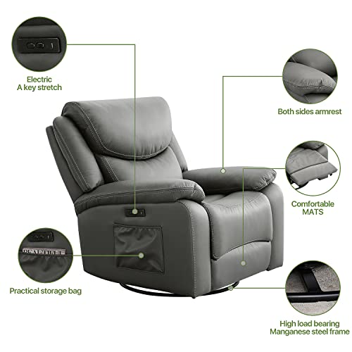 Ashomeli Large Electronic Power Recliner And Swivel Glider-270°Swivel Rocker Recliner Chair,150°Tilt,Water Repellent & Stain Resistant，Usb And Type-C Charging Ports (Gray) #TOP3
