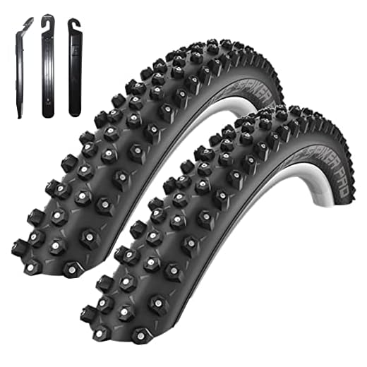 2 x Schwalbe Ice Spiker Pro RaceGuard vinterdäck cykeldäck i svart 54–559 (26 x 2,10) inkl. 3 däcklyftare