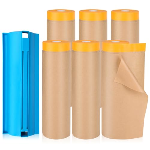 Image of 6 Pack Pre-Taped Masking Paper for Painting - 18 inch x 50 feet Tape and Drape Painters Paper, Paint Adhesive Protective Roll for Covering Skirting, Frames, Cars (6 Rolls) with ONE Dispenser