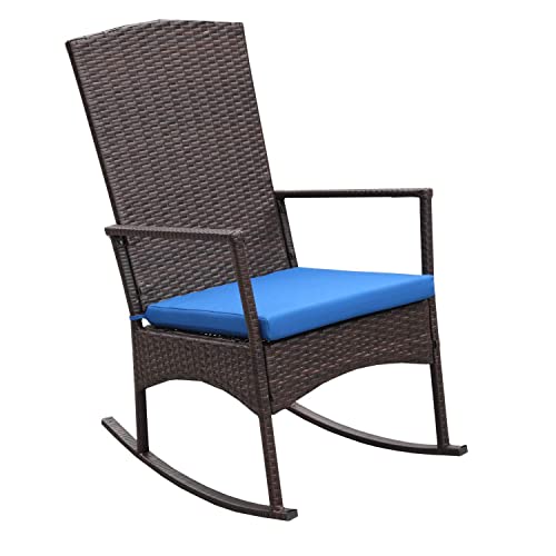 Outdoor Pe Wicker Rocking Chair 3-Piece Patio Rattan Bistro Set 2 Rocker Armchair And Glass Coffee Side Table Furniture, Washable Lacing Cushion (Royal Blue) #TOP6