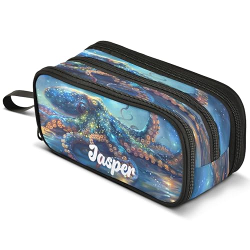 Image of ALAZA Custom Large Pencil Case with Name Octopus Pen Pouch Bag Holder Organizer Stationery Bag with 3 Compartments