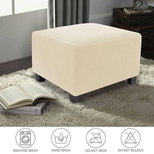 Image of NeColorLife Stretch Ottoman Cover Square Oversized Soft Knitted Jacquard Thick Covers for Large Square Ottoman Storage Stool Furniture Protector Beige X-Large