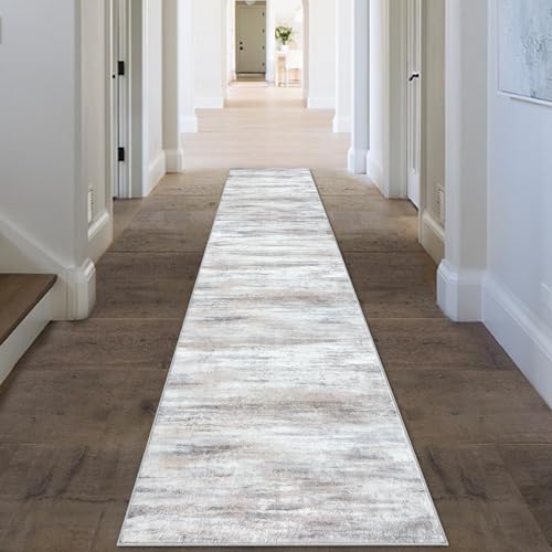 KOZYFLY Modern Abstract Kitchen Runner Rug, 2x10 Washable Rug Runner Non-Slip Soft Striped Hallway Runner Rugs, Beige Print Distressed Carpet Runner for Entryway Bathroom Laundry Room Foyer
