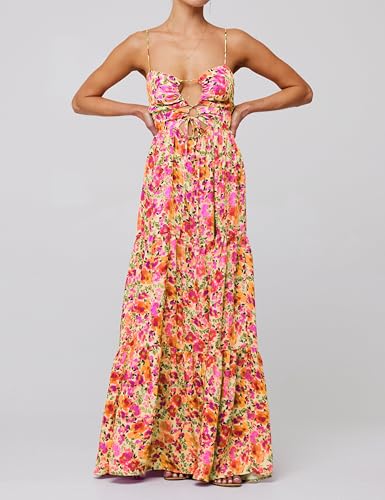 Image of Womens Vintage Floral Long Dress Y2k Spaghetti Strap Tie Back Hollow Out Maxi Dress Summer Beach Party Sundress