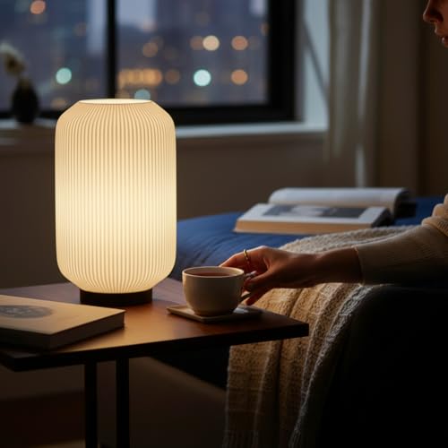 Image of Modern 3D Printed Table Lamp| Bedside Night Lamp | Warm Ambient Light for Bedroom, Living Room, Study Table & HomeDecor | Minimalist LED Desk Lamp for Cozy Lighting (Base- Black)