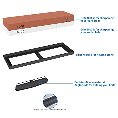 Premium Whetstone Sharpening Stone, 2-Sided Whetstone Knife Sharpener 1000/6000 Grit Whetstone Kit With Non-Slip Silicone Base,Angle Guide And 3 In 1 Manual Knife Sharpener For Kitchen Knife #TOP1