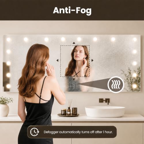 Image of WTTY 96 inchx36 inch Hollywood Vanity Mirror with Lights, Wall-Mounted Makeup Mirror with 3 Color Temperatures, Stepless Dimmable Bulbs, Anti-Fog & Shatter-Proof