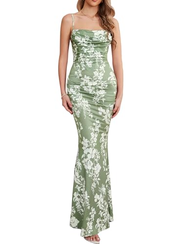EYNMIN Women's Floral Corset Maxi Dress Sleeveless Bodycon Spaghetti Strap Ruched Elegant Wedding Guest Long Formal Dresses Green Print M