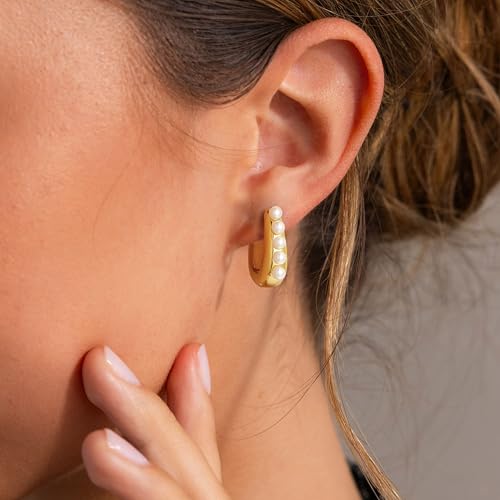 Pearl Earrings for Women - Dainty Gold Earrings Trendy 14K Gold Plated Freshwater Pearl Dangle Hoop Stud Earrings for Women Wedding Jewelry Gift for Women