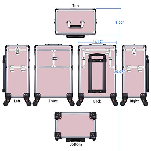 OUDMAY by Amazon - Makeup Case - Professional Rolling Cosmetic Beauty Storage With Mirror and Folding Trays Pink