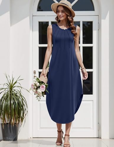 Image of Zeagoo Women Floral Summer Casual Beach Printed Tank Dress with Pockets Pleated Front Long Dress