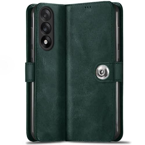 Image of TheGiftKart heGiftKart Genuine Leather Finish Flip Back Cover Case for OnePlus Nord 5 5G | Inbuilt Pockets & Stand | Wallet Style | Designer Button Magnet Flip Back Cover Case (Faux Leather, Green)