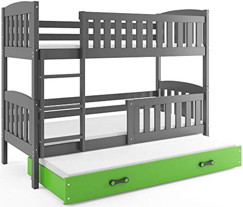 Interbeds Etagenbett Hochbett QUBA für DREI Kinder 200x90cm GRAU + Varianten, mit Lattenroste, Matratzen und Schublade (Grau + grüne Schublade) Cover