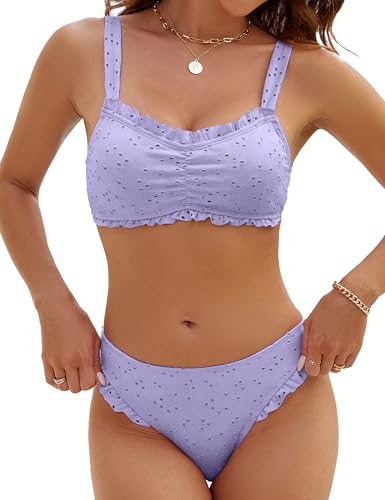 Image of Blooming Jelly Womens Bikini Set Two Piece Ruffle Bandeau Bathing Suits Cheeky High Cut Cute Eyelet Swimsuit