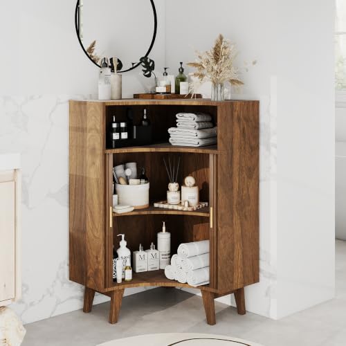 Image of Fluted Corner Cabinet with Open Storage, Modern Floor Cabinets with Sliding Doors and 2-Tier Shelves, Freestanding Narrow Organizer for Small Space,Living Room, Dining Room,Walnut