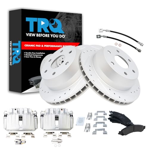Image of TRQ Performance Rear Brake Pad & Rotor Set Ceramic Drilled Slotted Coated Rotors Calipers Compatible with 02-06 Cadillac Escalade 00-06 Chevrolet Avalanche 1500 Suburban 1500 Tahoe GMC Yukon & XL 1500
