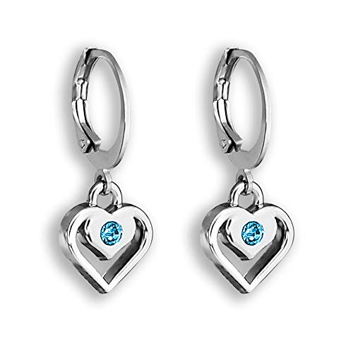 Heart Earrings - Pink Or Blue Crystal Silver Tone Dangle Earrings | Choose Pink Heart Earrings Or Blue Earrings OR a SET with 2 Pairs - Blue Heart Hoop Earrings AND Blue Heart Stud Earrings