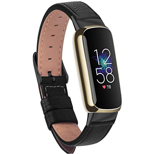 Compatible for Fitbit Luxe Watch Band, Elegant Slim Leather Strap Wristband, Soft Bracelet Replacement for Fitbit Luxe Fitness and Wellness Tracker Women(Black Black)