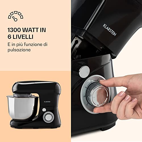 Klarstein Planetaria Professionale, Impastatrice Planetaria 5 Litri con Ciotola, Impastatrice Planetaria Professionale 1300W per Pizza e Dolci a 6 Velocità, Impastatrice Pane con Gancio e Frusta - immagine 4