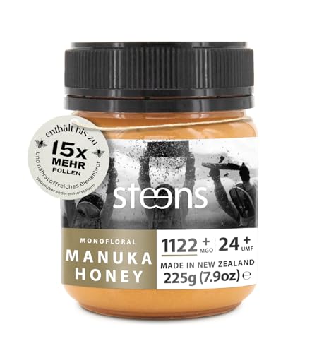 Steens Manuka Honey MGO 1122+ - 225 g rein roher 100% zertifizierter UMF 24+ - über Manuka Honig 1000 MGO - abgefüllt und versiegelt in Neuseeland