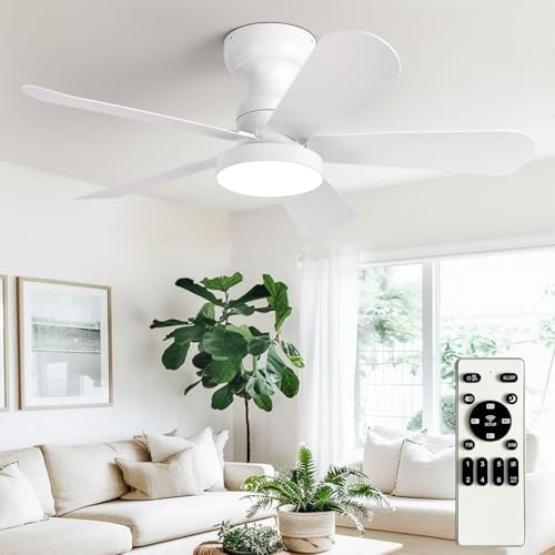 Image of Depuley Small Ceiling Fan with Lights: 35-Inch Flush Mount Fan with Light and Remote - White Low Profile Ceiling Fans Reversible Quiet DC Motor for Bedroom Living Room Indoor Outdoor