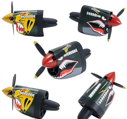 Image of P-40 Fighter Airplane Car Air Freshener with Spinning Propeller, Dashboard Ornament, Shark Tooth Design, Vent Clip Mount, Aviation Theme, Aircraft Dashboard Ornament for Auto Interior Decor Gift (A)