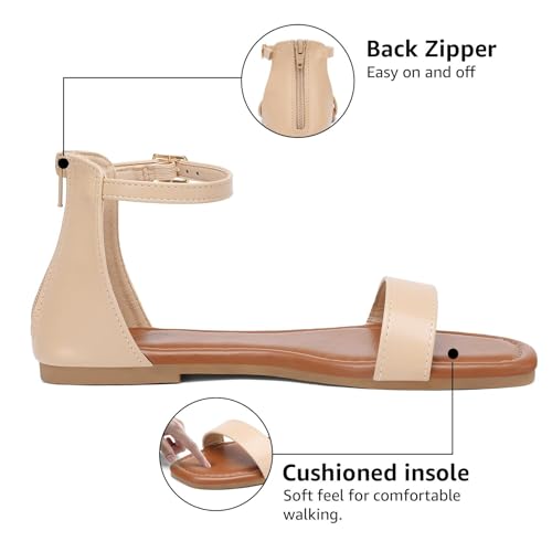 Image of katliu Women's Ankle Strap Flat Sandals One Band Dressy Sandals Square Open Toe Sandals for Summer with Back Zipper