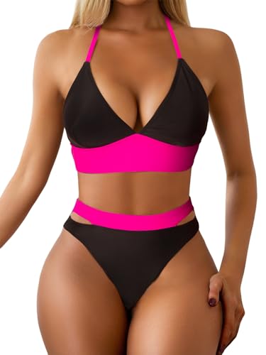 Women's Color Matching Sexy Two-Piece Swimsuit, Waist Cutout Bikini Set
