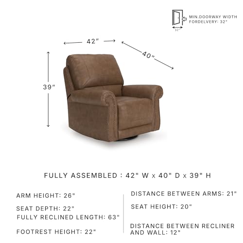 Image of Signature Design by Ashley Chatterton Swivel Glider Recliner, Earth Brown Faux Leather Traditional Rocking Chair with Nailhead Trim for Living Room and Nursery, 42 inch W, No Assembly Required