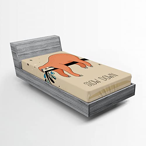 Ambesonne Animal 2 Pack Fitted Sheet, Sleepy Sloth Cartoon, Bed Cover All-Round Elastic Deep Pockets 2 Pieces, Package Contains 2 Twin XL Size Fitted Sheets, Orange Beige