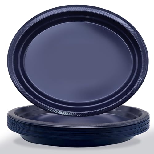 BONSINY 50 Count Blue Plastic Plates - Oval Navy Blue Plates for Birthday Picnic Graduation Patriotic Party(10