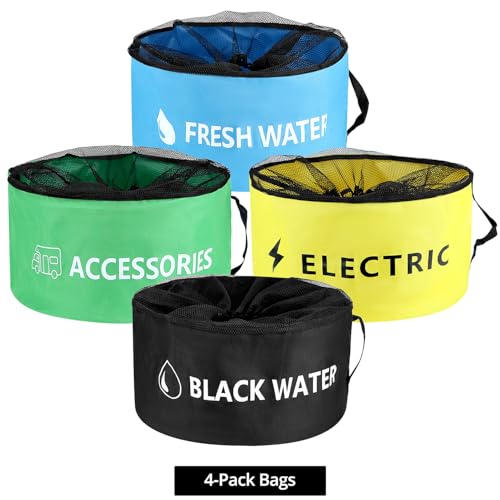 Image of QWORK 4-Pack Waterproof RV Hose Bag Storage - Includes Fresh Water, Black Water, Electrical & Accessories Bags - Heavy-Duty Breathable Mesh, Sewer Hose Storage Bag
