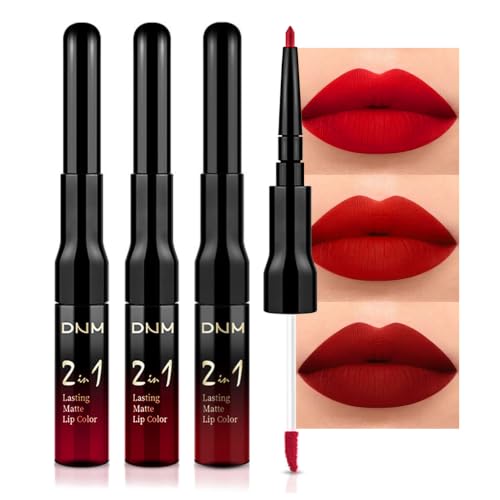evpct 3Pcs Ruby Bright Dark Deep Red Lip Stain Lipstick with Lip Liner, Burgundy Red Matte Lip Liner and Liquid Lipstick Set for Women Long Lasting Waterproof 24, 24 Hours Lip Sitck Paint