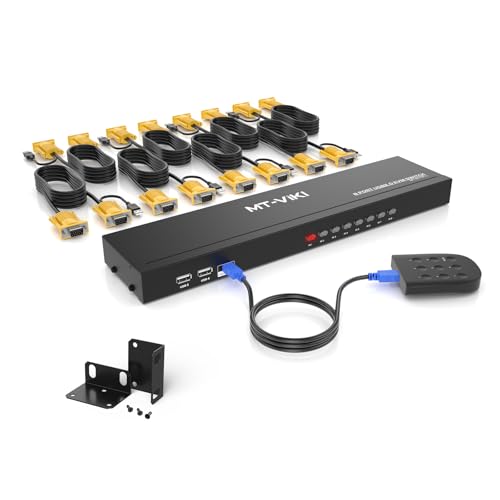 MT VIKI Conmutador KVM VGA de 8 puertos 1U con montaje en rack, conmutador KVM 8x1, compatible con teclado, ratón, altavoz USB, incluye 8 cables KVM, control de escritorio, 2 juegos de rack