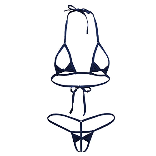 TiaoBug US Women Sliding Top & Thong G-String Bikini Swimsuit (Dark Navy Bowknot)