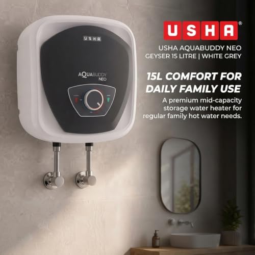 Image of USHA AquaBuddy Neo Geyser 15 Litre 5 Star BEE Rating | Copper Heating Element | Storage Water Heater with Anti-Rust Protection | Warranty: 8 Yr Tank, 2 Yr Product