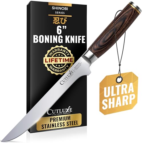 Image of Cutluxe Japanese Boning Knife for Meat Cutting - 6 inch Razor Sharp - High Carbon Stainless Steel Blade - Fillet knife for Fish - Full Tang, Ergonomic Pakkawood Handle Design - Shinobi Series
