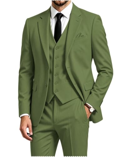 3 Pieces Business Mens Suit Notch Lapel Blazer Formal Wedding Groom Pants Tux Vest Tuxedos(Olive Green,XL)