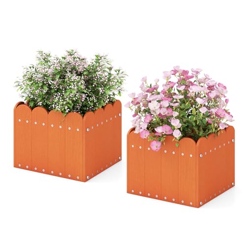 COSTWAY 2er Pflanzkübel wetterfest, Blumenkübel HDPE, Garten Blumenkasten rechteckig, Blumenbeet mit Abflusslücken, Hochbeet Blumentopf Pflanzbeet, Pflanzkasten Blumentrog (32x30x25 cm,Orange)