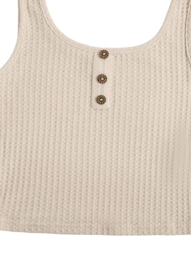 Image of RoseSeek Girl's 2 Piece Outfits Waffle Knit Scoop Neck Button Down Crop Tank Tops Paperbag Waist Track Shorts