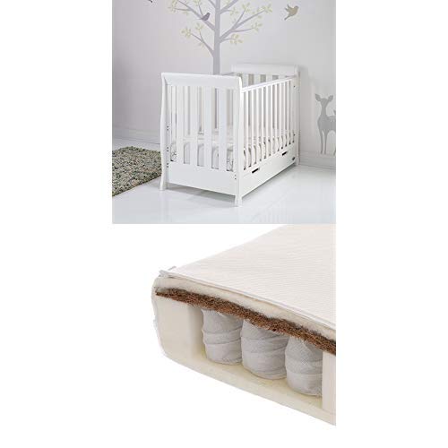 Obaby Stamford Sleigh Mini Cot Bed and Dual Core Moisture Management Mattress - White