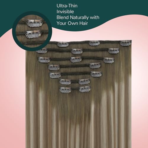 Image of Easyouth Balayage Clip in Hair Extensions Balayage Hair Extensions Clip ins Dark Brown Ombre Light Brown with Blonde Straight Clips in Real Hair Extension Easy of Use 16 In 120G 7Pcs