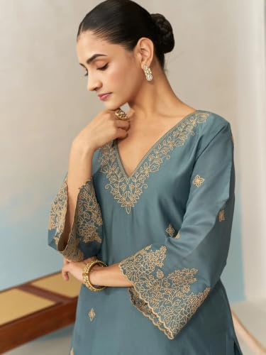 Image of Royal Export Women's Kurta Set | Viscose Silk Floral Embroidered Straight Kurta Pant Dupatta Set Kurta Sets for Women | Ladies Kurta Set