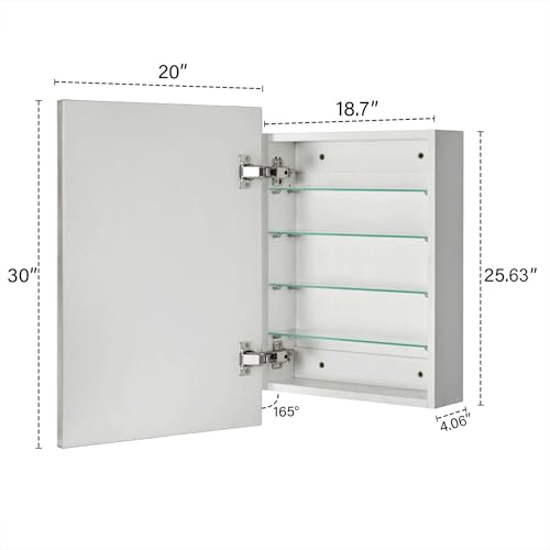 Image of TEHOME 20'' x 30'' Brushed Nickel Recessed and Surface Mount Bathroom Medicine Cabinet with Mirror Square Cornered Metal Framed Rounded Rectangle Medicine Cabinet Mirror